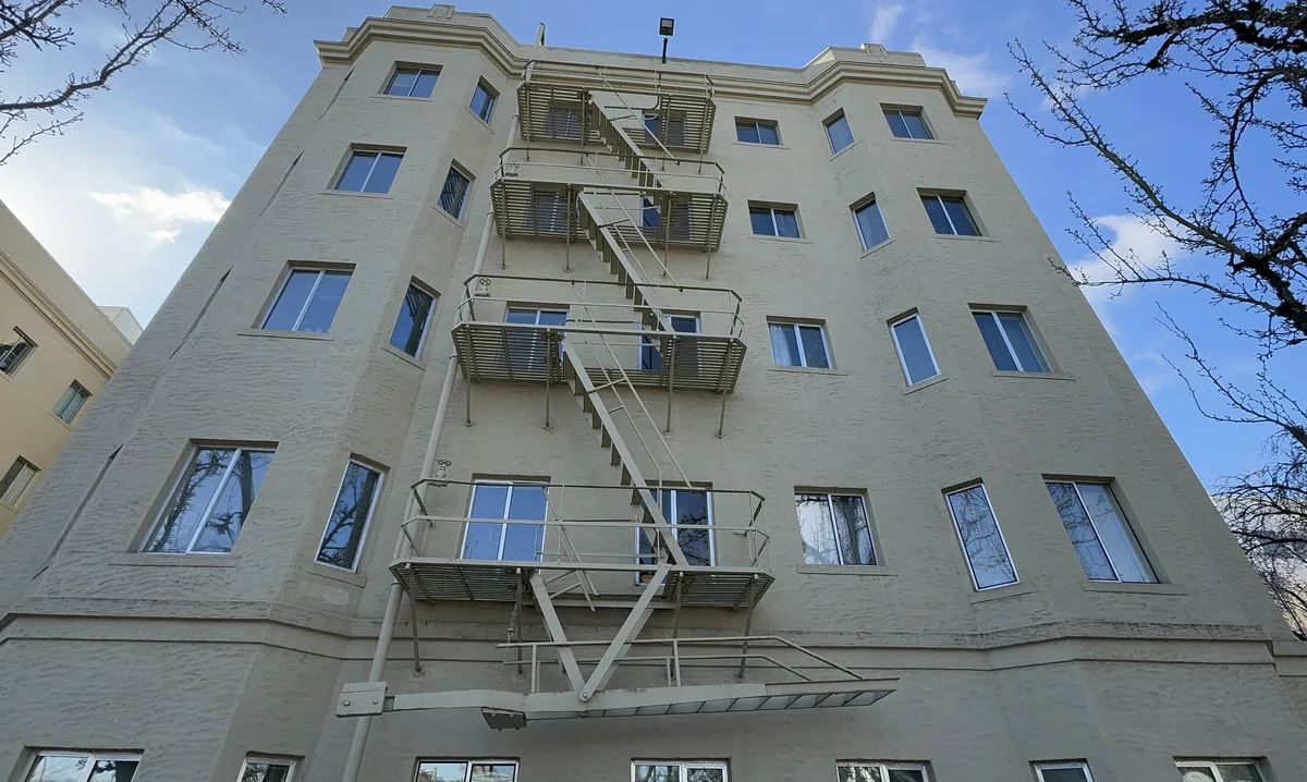 Complete fire escape system on a five-story Portland apartment building